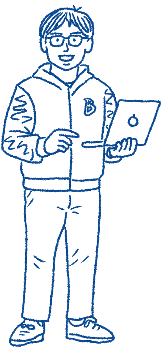 PCを片手に持つ人物イラストが中央に立っている様子