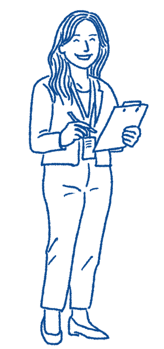 筆記具を持った人物イラストが笑顔で立っている